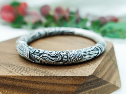 Sterling Silver Dragon Phoenix Bangle: Mystical Cuff Bracelet