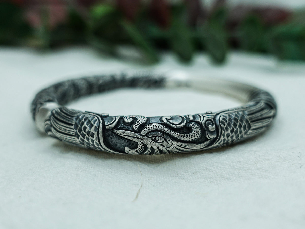 Sterling Silver Dragon Phoenix Bangle: Mystical Cuff Bracelet