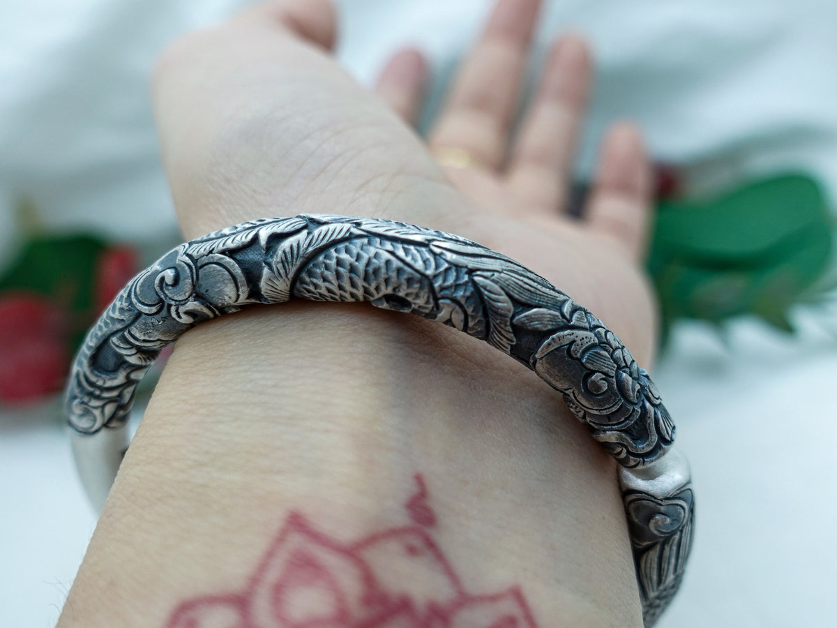 Sterling Silver Dragon Phoenix Bangle: Mystical Cuff Bracelet