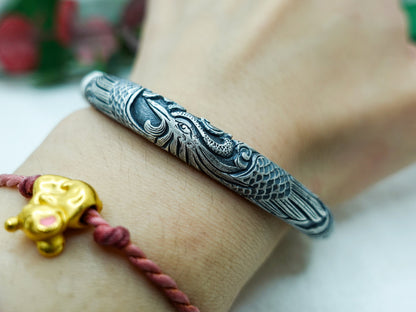 Sterling Silver Dragon Phoenix Bangle: Mystical Cuff Bracelet