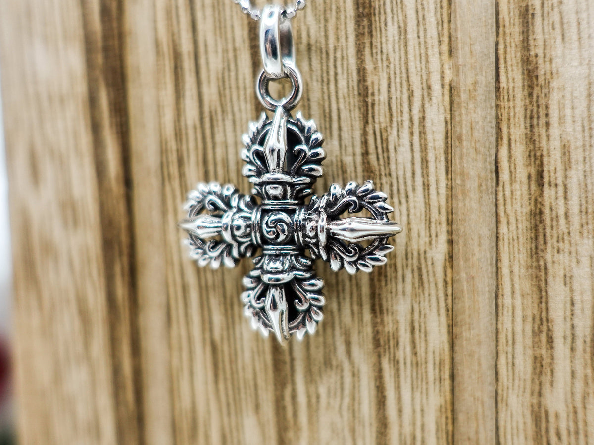 Sterling Silver Vajra Pendant Necklace, Tibetan Dorje Jewelry