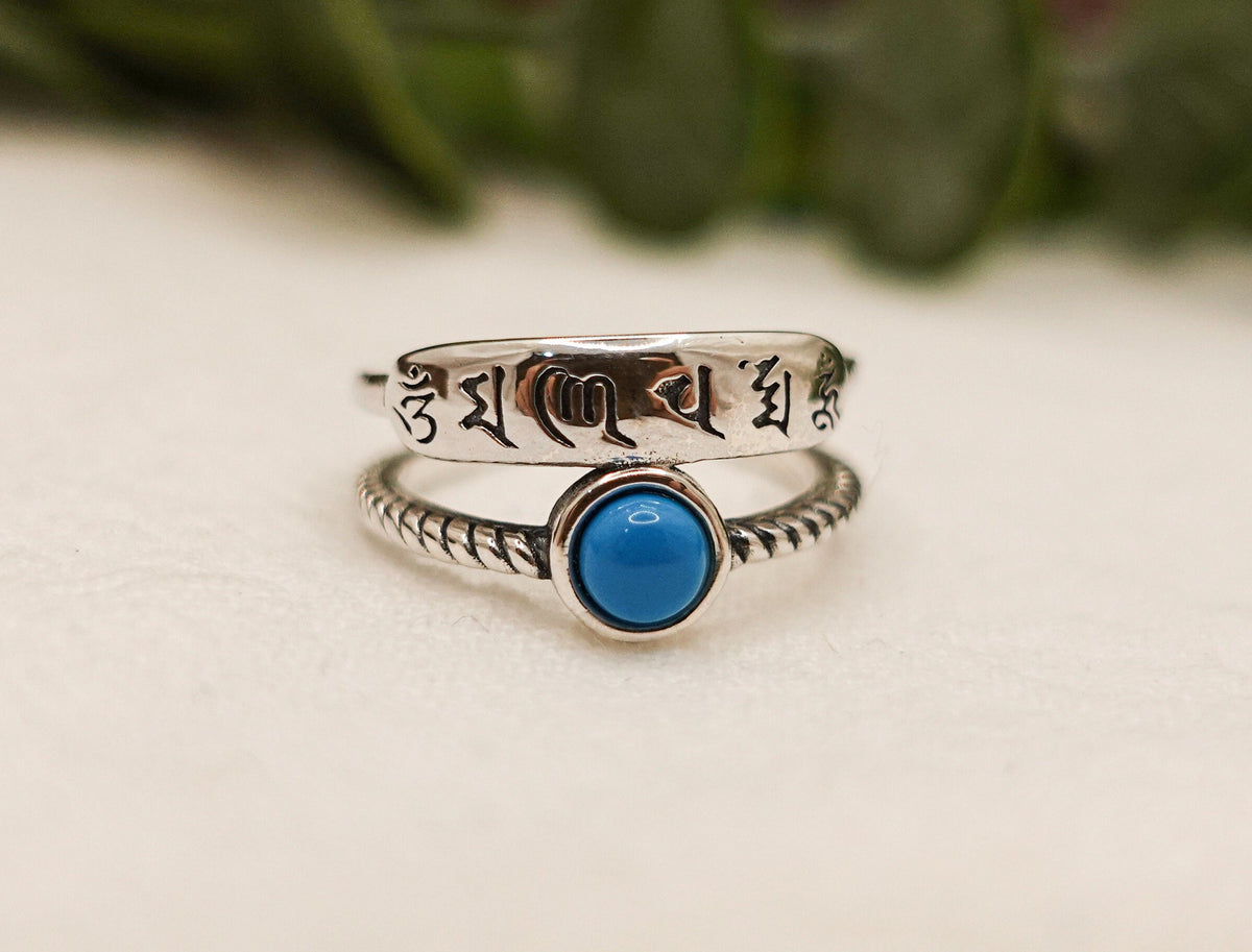 Sterling Silver Turquoise Mantra Ring: Adjustable Stacking Pinky Ring