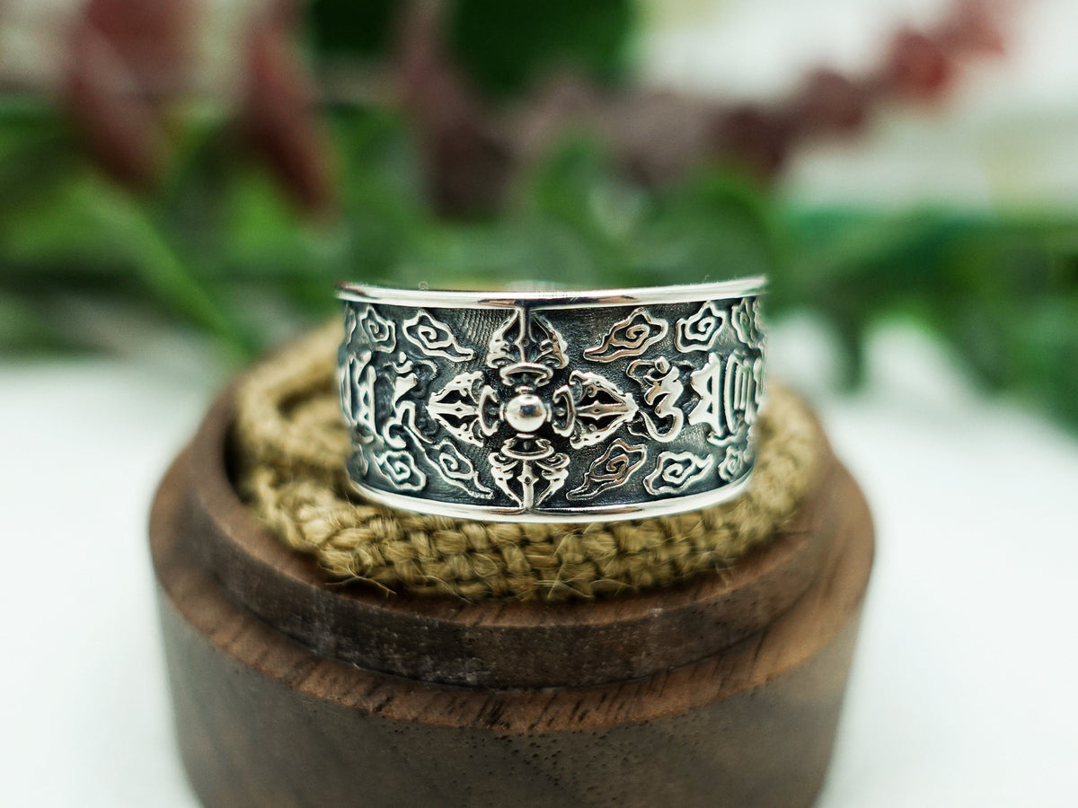 Sterling Silver Vajra Mantra Ring, Tibetan Meditation Jewelry