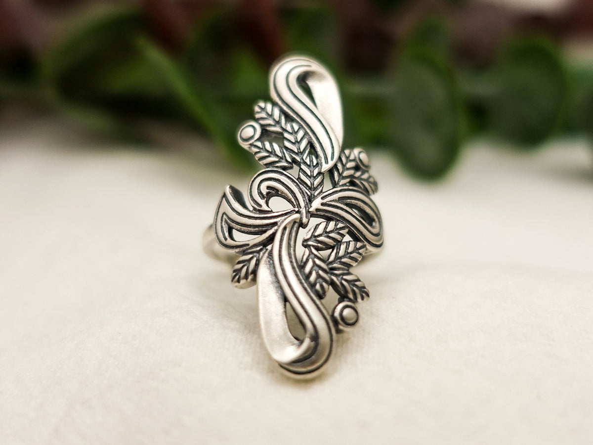Sterling Silver Long Flower Ring, Iris February Birthday Gift for Her