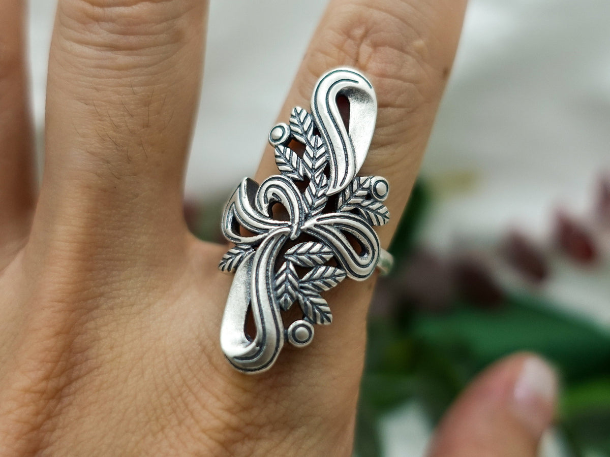 Sterling Silver Long Flower Ring, Iris February Birthday Gift for Her