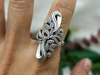 Sterling Silver Long Flower Ring, Iris February Birthday Gift for Her