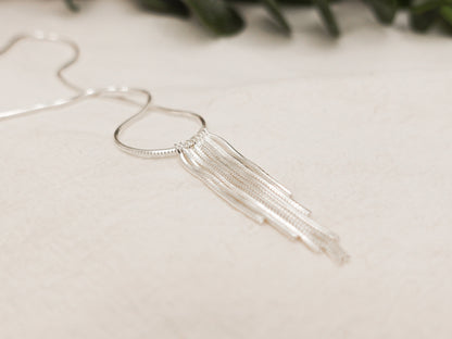 Shimmering Long Tassel Necklace: Sterling Silver Elegant Jewerly Gift for Her