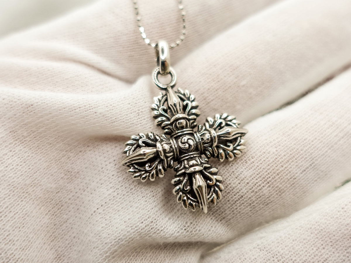 Sterling Silver Vajra Pendant Necklace, Tibetan Dorje Jewelry