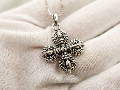 Sterling Silver Vajra Pendant Necklace, Tibetan Dorje Jewelry