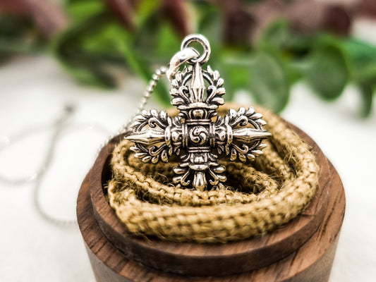Tibetan Vajra Pendant Necklace, Sterling Silver Zen Pendant, Meditation Jewelry, Buddhism Necklace, Mens Women Healing Dorje Pendant