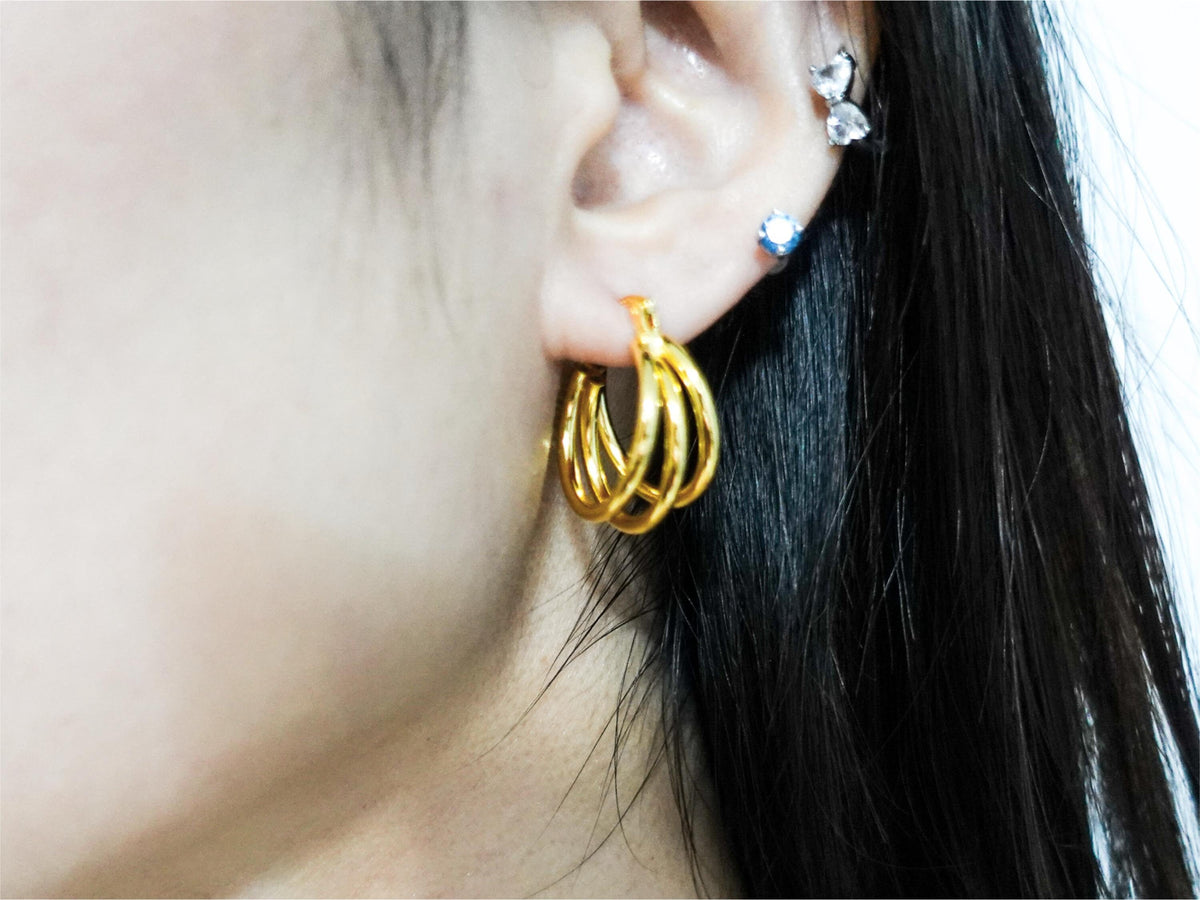 Sterling Silver Triple Hoop Earrings, Lightweight Gold-Filled Accents