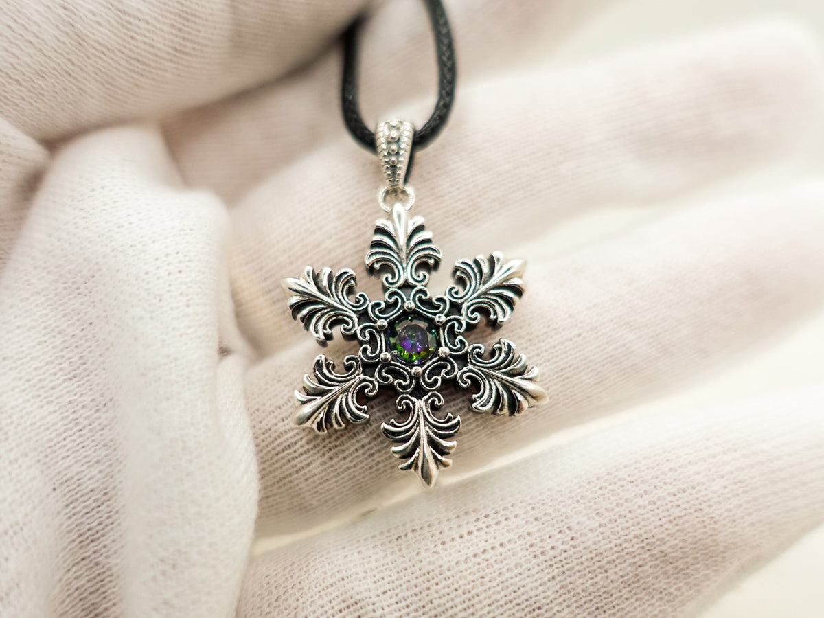 Sterling Silver Winter-themed Pendant for Men Women, Handcrafted Sparkling Snowflake, Unisex Jewelry gift