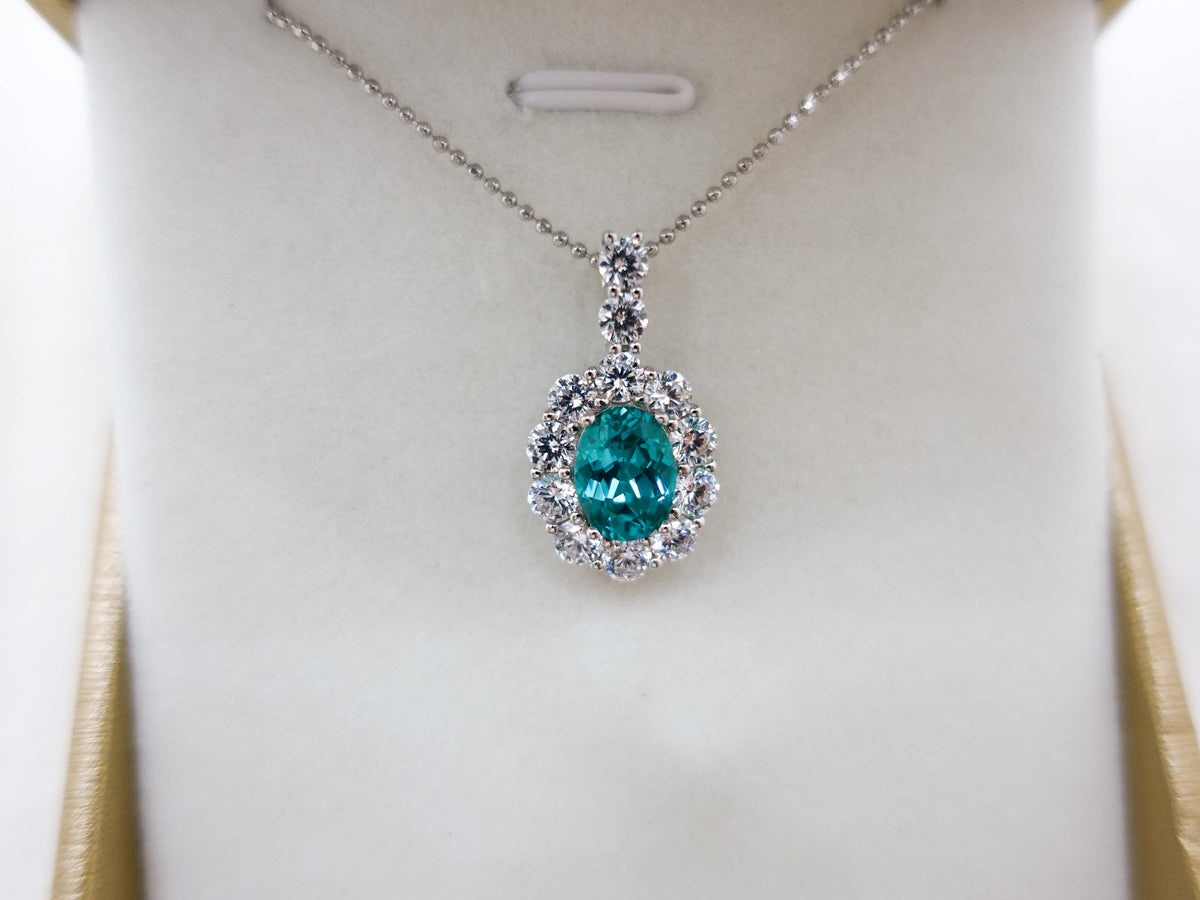 Paraiba Pendant Necklace Sterling Silver, Lab Diamond Blue Gemstone Gift for Mom