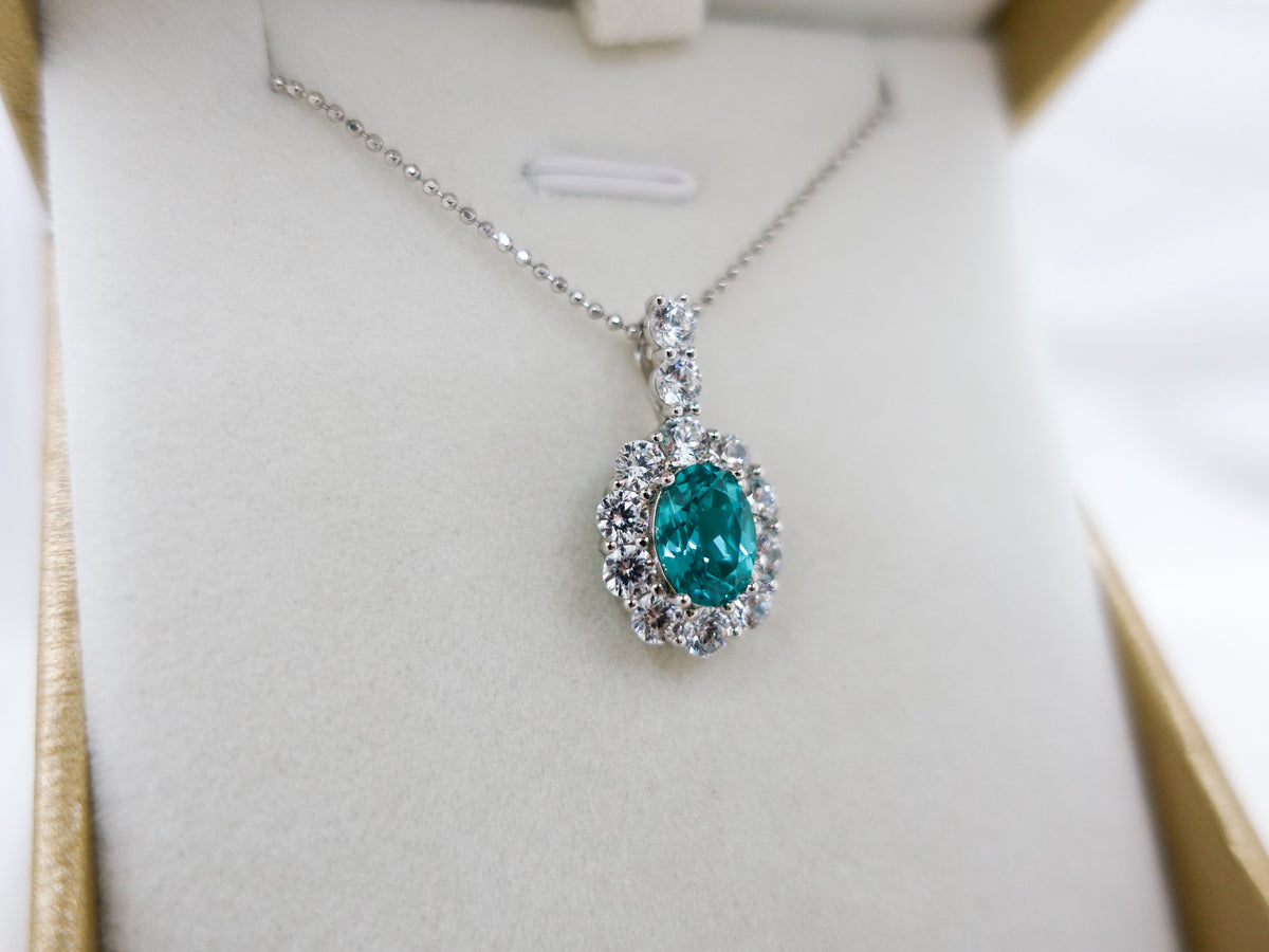 Paraiba Pendant Necklace Sterling Silver, Lab Diamond Blue Gemstone Gift for Mom