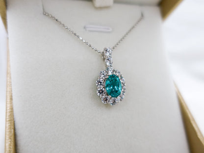 Paraiba Pendant Necklace Sterling Silver, Lab Diamond Blue Gemstone Gift for Mom