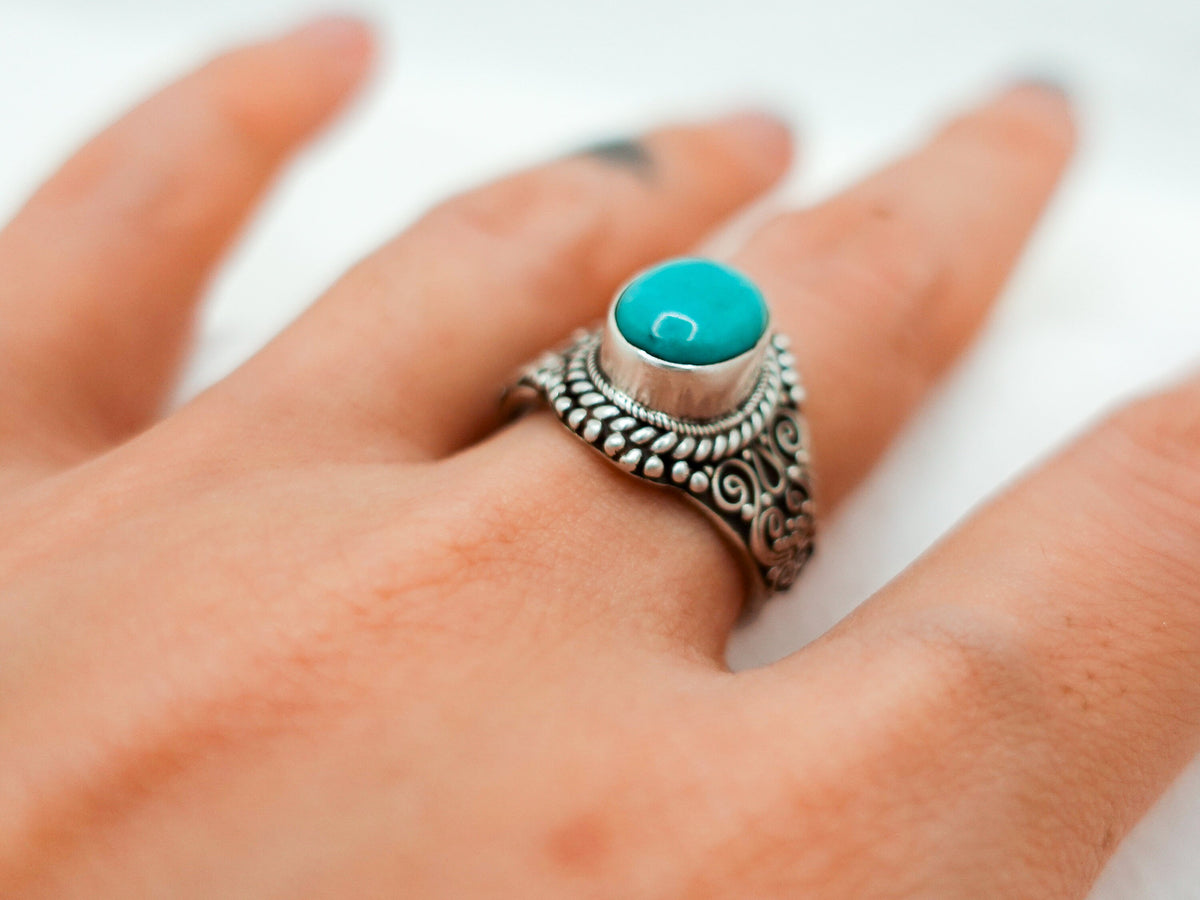 Sterling Silver Turquoise Ring: Adjustable Boho Tibetan Style