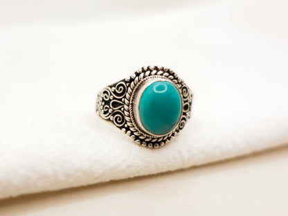 Boho Turquoise Ring, Sterling Silver Teal Blue Turquoise Ring, Vintage Tibetan Ring Teal Blue Green Turquoise Ring