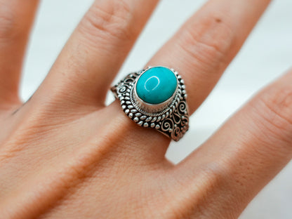 Boho Turquoise Ring, Sterling Silver Teal Blue Turquoise Ring, Vintage Tibetan Ring Teal Blue Green Turquoise Ring