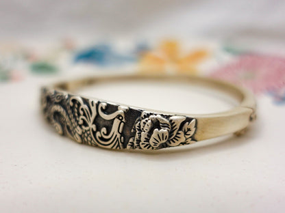 Sterling Silver Peacock Bangle Bracelet, Artisan Peacock Peony Bracelet, Stackable Silver Bracelet, Boho Antique Look Bracelet