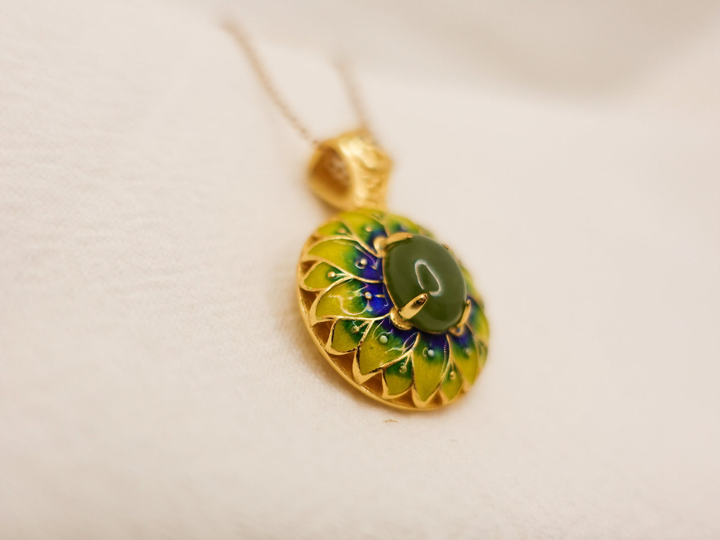 Gold Plated Sterling Silver Jade Pendant Necklace: Enamel Blessing Jewelry