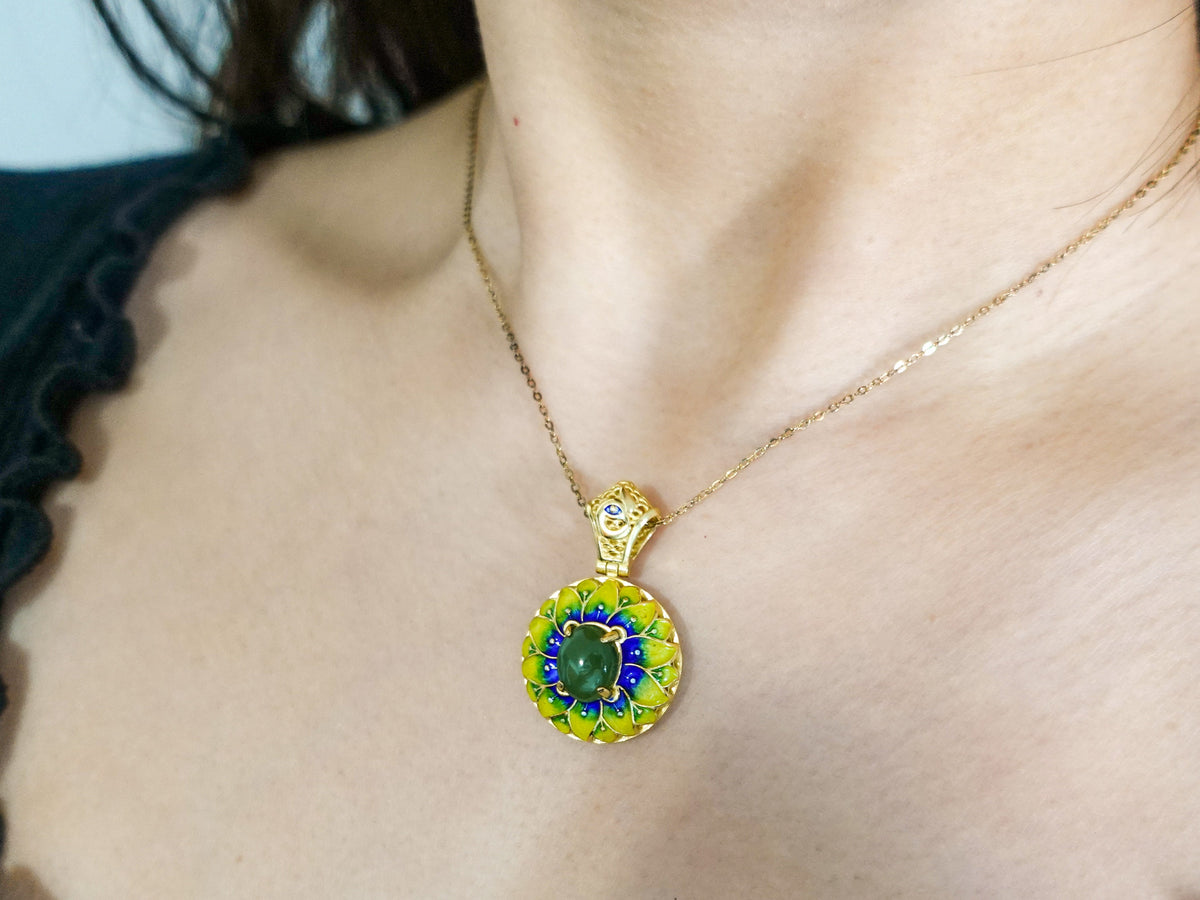 Gold Plated Sterling Silver Jade Pendant Necklace: Enamel Blessing Jewelry