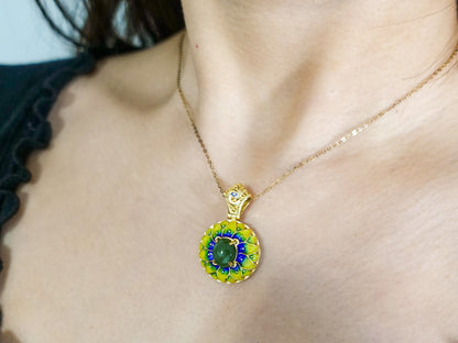 Gold Plated Sterling Silver Jade Pendant Necklace: Enamel Blessing Jewelry