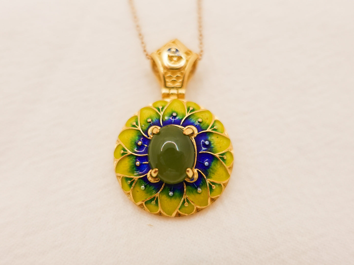Gold Plated Sterling Silver Jade Pendant Necklace: Enamel Blessing Jewelry
