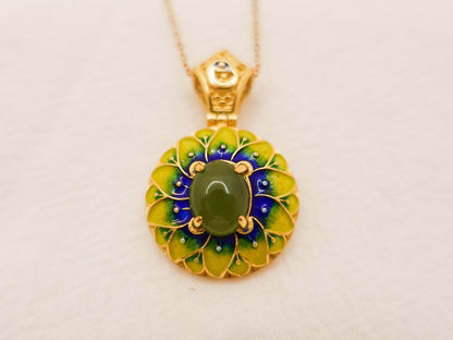 Gold Plated Sterling Silver Jade Pendant Necklace: Enamel Blessing Jewelry