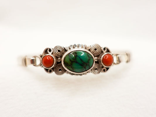 One of A Kind-Sterling Silver Green Turquoise Cuff Bracelet, Turquoise Coral Cuff Bracelet, Tibetan Bracelet, Vintage Jewelry Antique Cuff