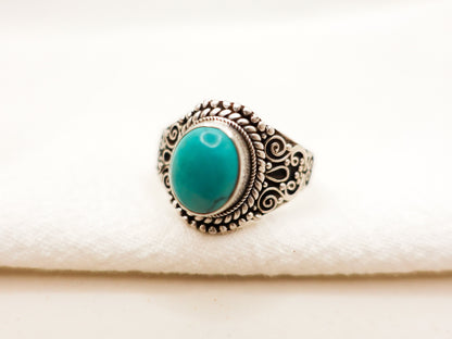 Boho Turquoise Ring, Sterling Silver Teal Blue Turquoise Ring, Vintage Tibetan Ring Teal Blue Green Turquoise Ring