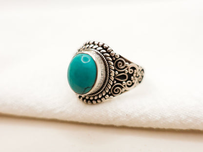 Boho Turquoise Ring, Sterling Silver Teal Blue Turquoise Ring, Vintage Tibetan Ring Teal Blue Green Turquoise Ring