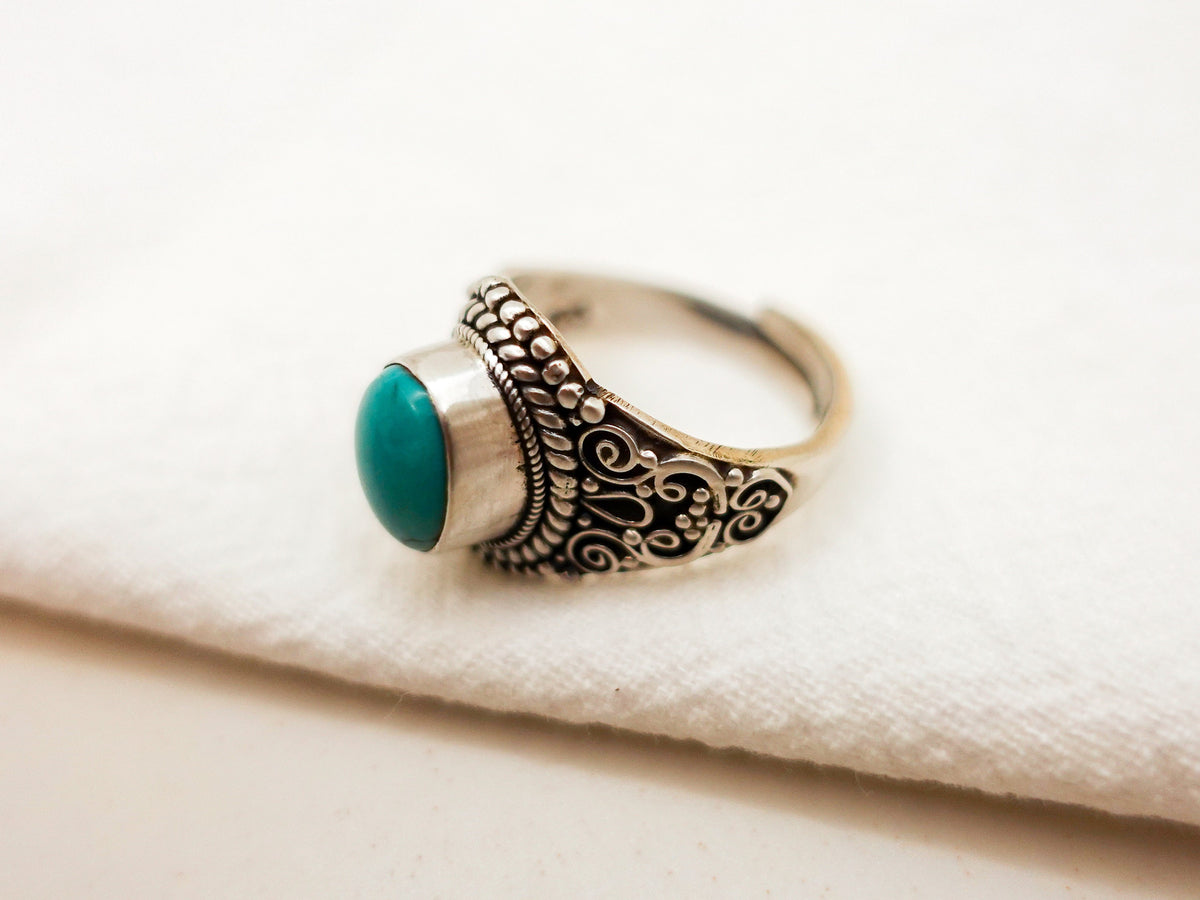 Sterling Silver Turquoise Ring: Adjustable Boho Tibetan Style