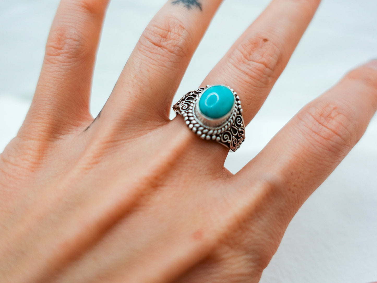 Boho Turquoise Ring, Sterling Silver Teal Blue Turquoise Ring, Vintage Tibetan Ring Teal Blue Green Turquoise Ring