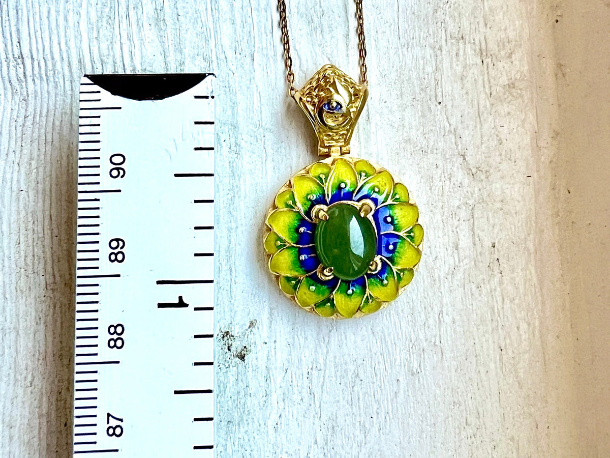 Gold Plated Sterling Silver Jade Pendant Necklace: Enamel Blessing Jewelry
