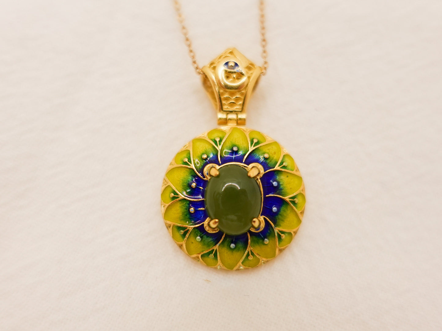 Gold Plated Sterling Silver Jade Pendant Necklace: Enamel Blessing Jewelry