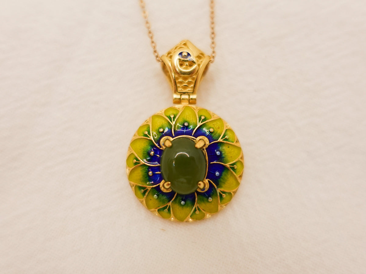 Gold Plated Sterling Silver Jade Pendant Necklace: Enamel Blessing Jewelry