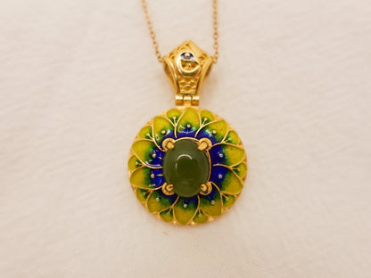 Gold Plated Sterling Silver Jade Pendant Necklace: Enamel Blessing Jewelry