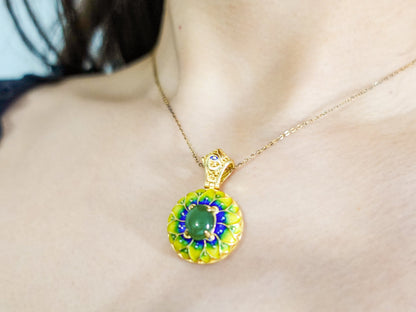 Gold Plated Sterling Silver Jade Pendant Necklace: Enamel Blessing Jewelry