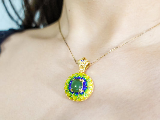 Gold Plated Sterling Silver Jade Pendant Necklace: Enamel Blessing Jewelry