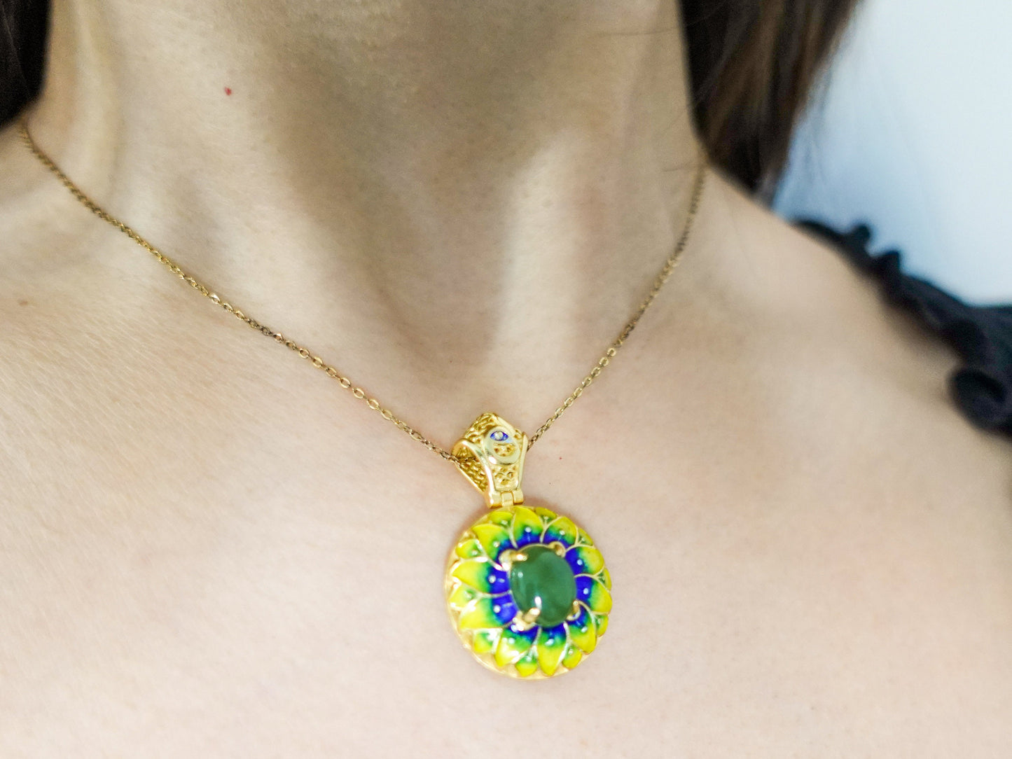 Gold Plated Sterling Silver Jade Pendant Necklace: Enamel Blessing Jewelry