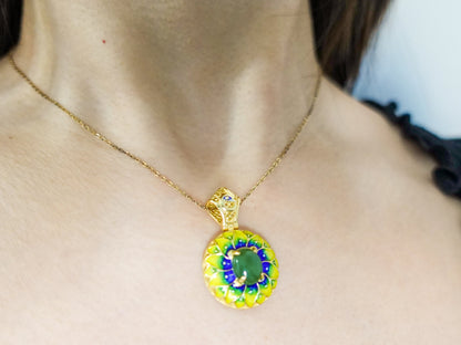 Gold Plated Sterling Silver Jade Pendant Necklace: Enamel Blessing Jewelry