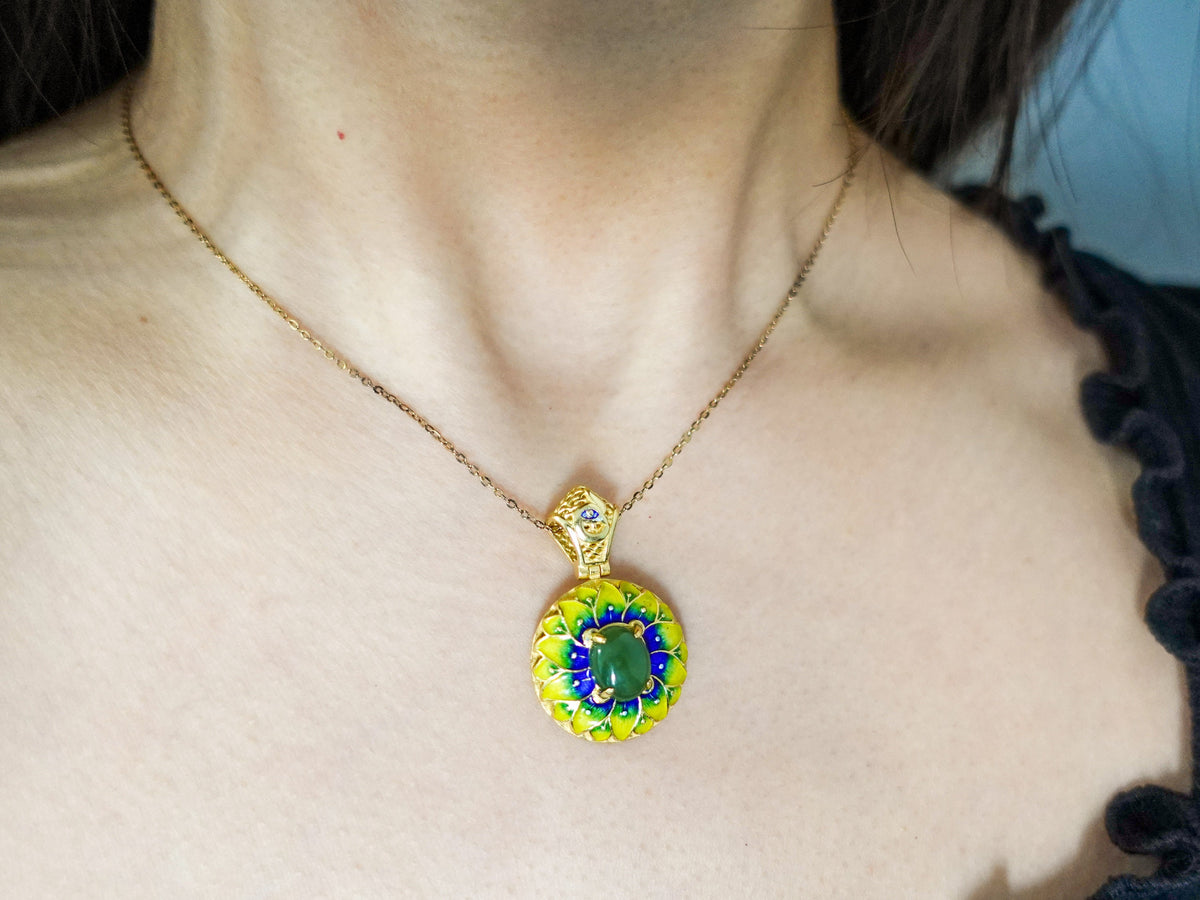 Gold Plated Sterling Silver Jade Pendant Necklace: Enamel Blessing Jewelry