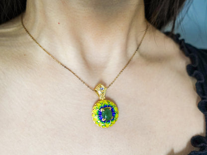 Gold Plated Sterling Silver Jade Pendant Necklace: Enamel Blessing Jewelry