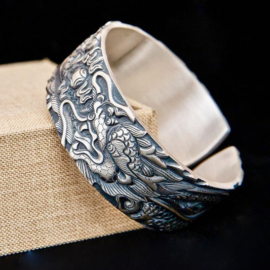 Solid Sterling Silver Dragon Wide Bracelet Handmade Mens Silver Dragon Cuff Bracelet, Wide Silver Bangle, Dragon Jewelry, Ancient Loong Jewelry Gift for Him