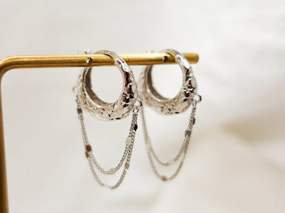 Sterling Silver Textured Tassel Hoop Earrings - Elegant Lightweight Design