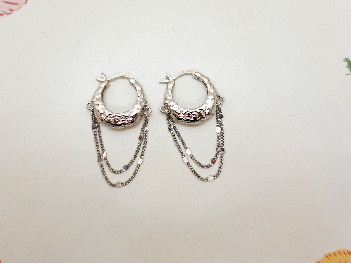 Sterling Silver Textured Tassel Hoop Earrings - Elegant Lightweight Design