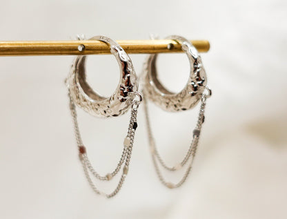 Sterling Silver Textured Tassel Hoop Earrings - Elegant Lightweight Design