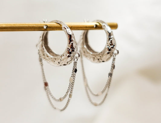 Sterling Silver Textured Hoop Earrings, Elegant Light Weight Small Everyday Hoop Earrings, Tassel Hoop Earrings, gift for her, gift for mom