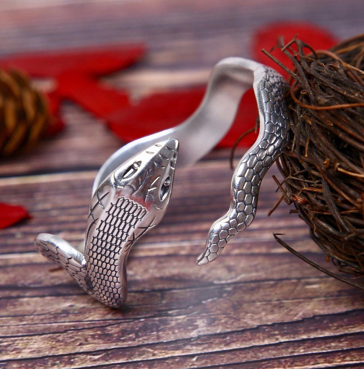 Sterling Silver Snake Cuff Bracelet, Hand Crafted Unisex Snake Statement Jewelry Gift