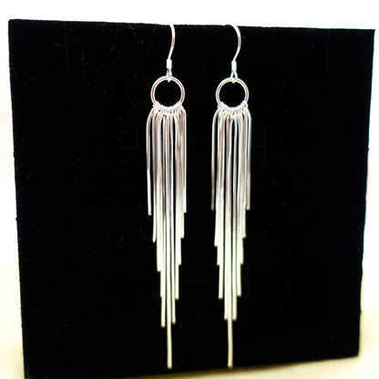 Shiny Sterling Silver Tassel Earrings, Elegant Long Earrings, Statement Earrings, Wedding Earrings, Party Dangle Earrings, Gift for her